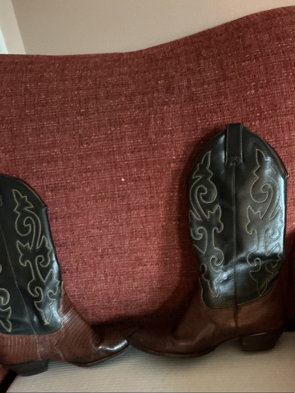 Brown Leather Cowboy Boots with Black Embroidered Shafts
